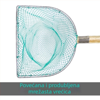 Drvena drška mreža za ribolov s grubom mrežom; promjer otvora 28–40 cm, dubina mreže 20–40 cm.