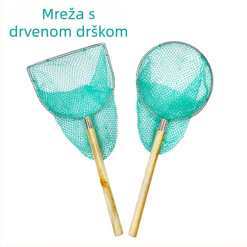 Drvena drška mreža za ribolov s grubom mrežom; promjer otvora 28–40 cm, dubina mreže 20–40 cm.