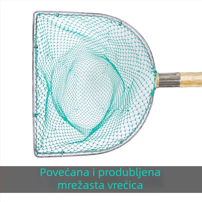 Drvena drška mreža za ribolov s grubom mrežom; promjer otvora 28–40 cm, dubina mreže 20–40 cm.