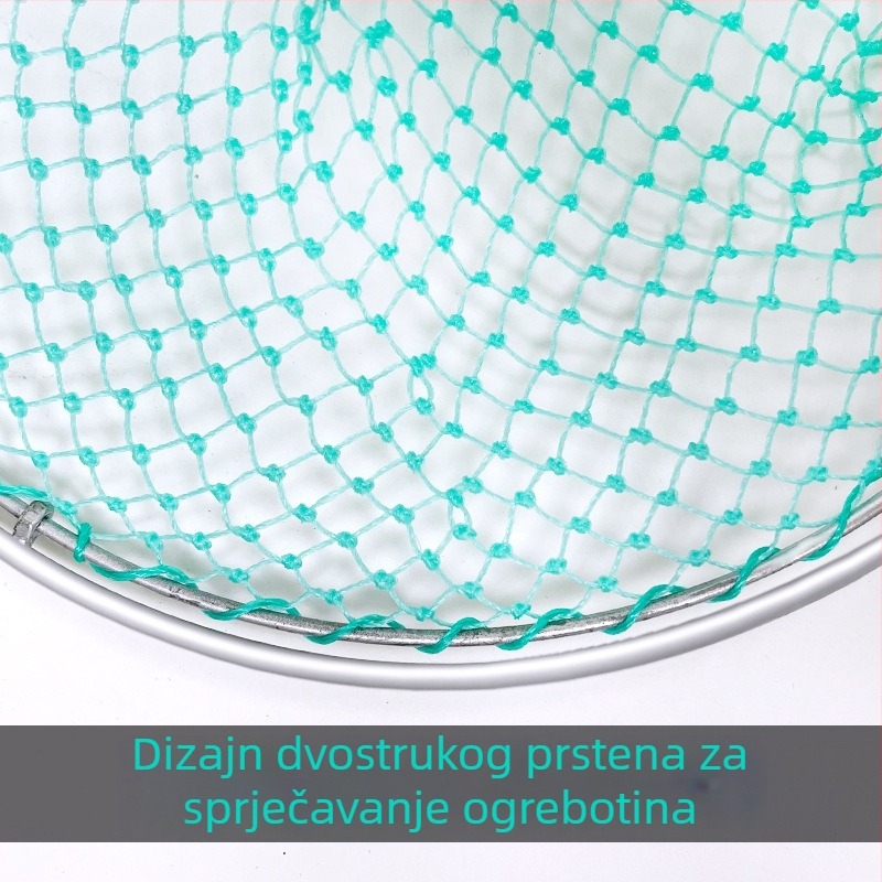 Drvena drška mreža za ribolov s grubom mrežom; promjer otvora 28–40 cm, dubina mreže 20–40 cm.