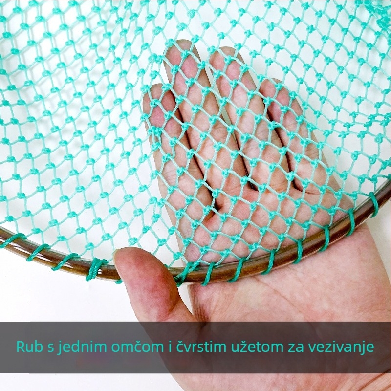 Drvena drška mreža za ribolov s grubom mrežom; promjer otvora 28–40 cm, dubina mreže 20–40 cm.