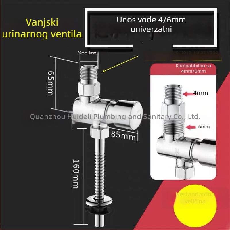 Kanalizacijski ventil za urin, bakreno telo, Kaidi Dragon, ručni pritisak, odgođeno zatvaranje, DN15–DN25, tlak 0–1,2 bar, vrijeme ispiranja 1–3 s