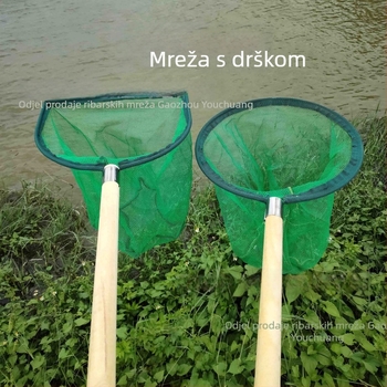 Mreža s jednim okvirom i drvenom ručkom, debela i duga drška od drveta, mreža bez čvorova za akvakulturu