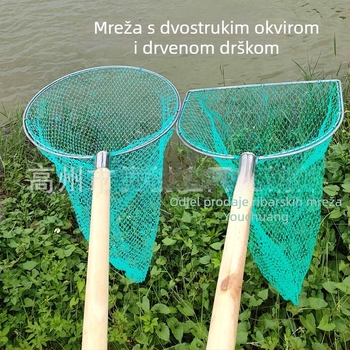 Ribarska mreža s dvostrukim okvirom i drvenom ručkom, grubim okima, bez skupljanja