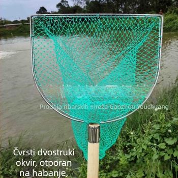 Ribarska mreža s dvostrukim okvirom i drvenom ručkom, grubim okima, bez skupljanja