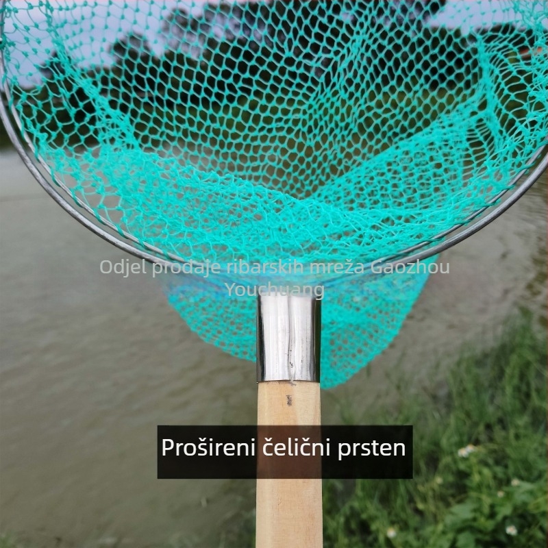 Ribarska mreža s dvostrukim okvirom i drvenom ručkom, grubim okima, bez skupljanja