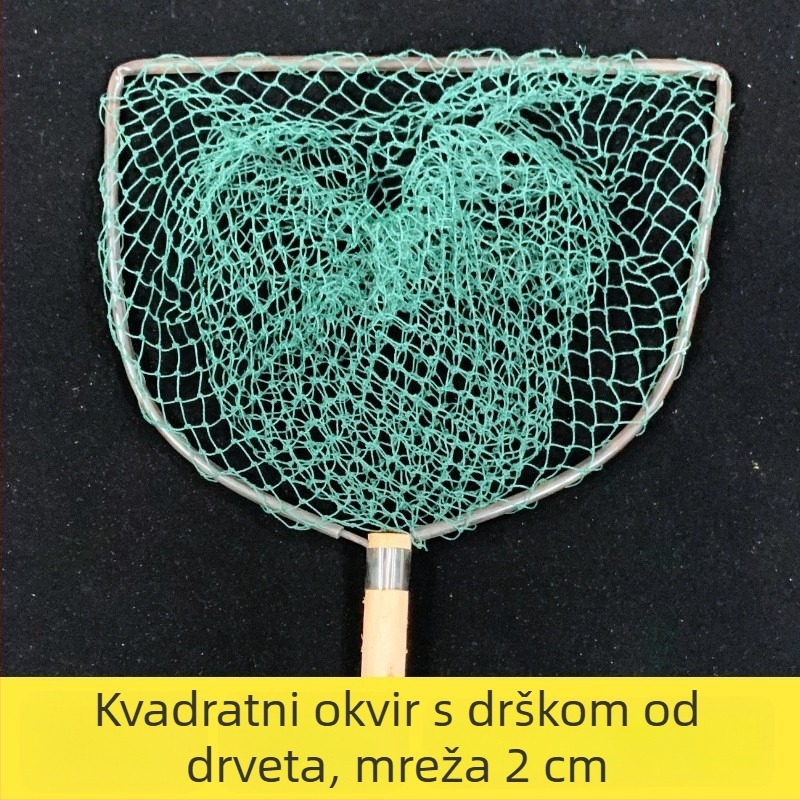 Ribarska mreža s drvenom drškom i željeznim prstenom, mreža od šest žica