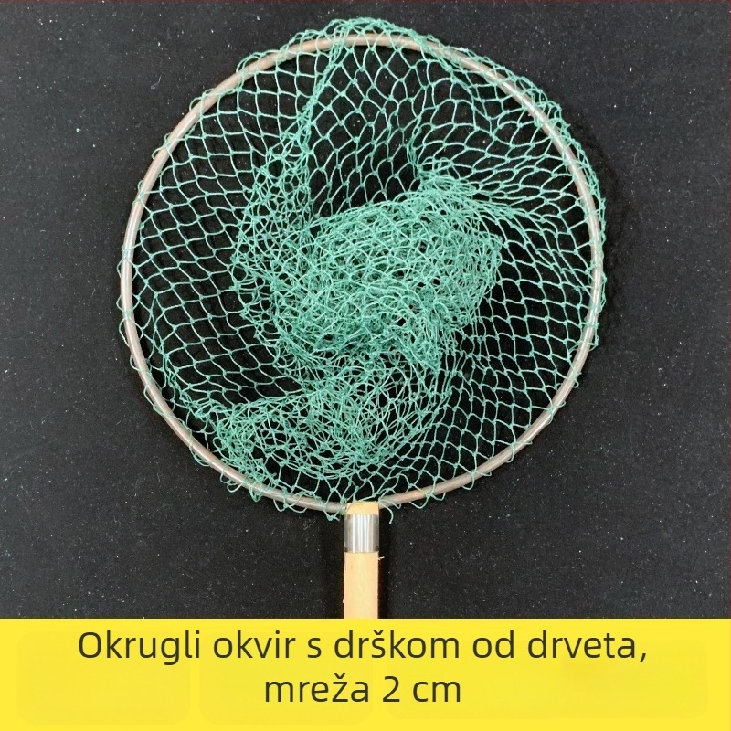 Ribarska mreža s drvenom drškom i željeznim prstenom, mreža od šest žica
