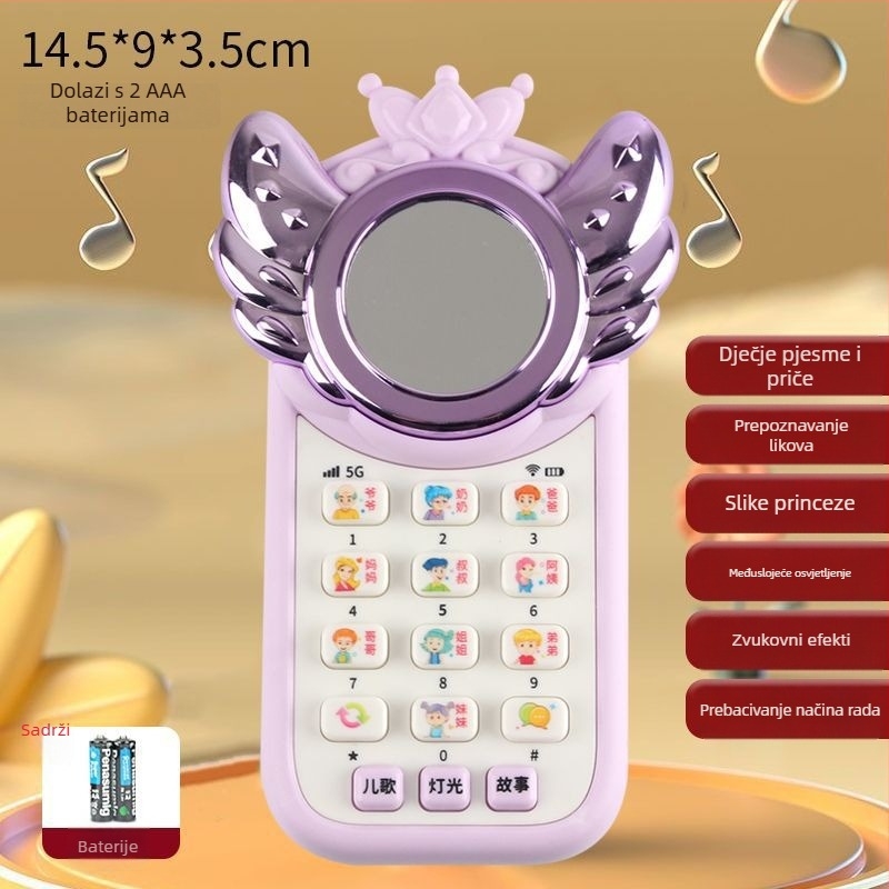 Dječji edukativni telefon s temom princeze – svjetleće efekte, glazba i glas, plastično kućište, napajanje litij baterijom, za djecu 4–6 godina, razvija vid, kognitivne i fine motorne vještine