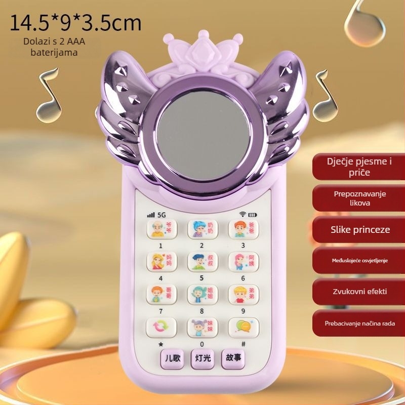 Dječji edukativni telefon s temom princeze – svjetleće efekte, glazba i glas, plastično kućište, napajanje litij baterijom, za djecu 4–6 godina, razvija vid, kognitivne i fine motorne vještine