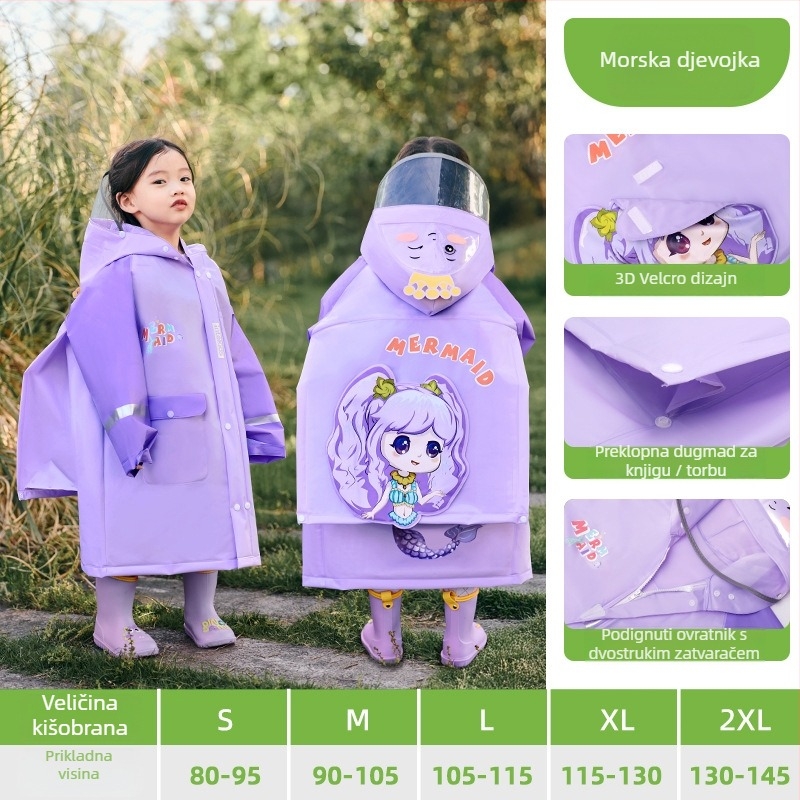 Dječje kišno pončo s 3D dizajnom ruksaka, EVA materijal, normalna debljina, PE ljepilo za vodonepropusnost