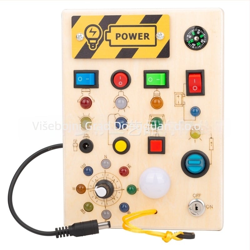 Drvena ploča za rano obrazovanje s LED svjetlom, utičnicama i prekidačima — Interaktivna ručna igračka za djecu 4–6 godina, napajana baterijom