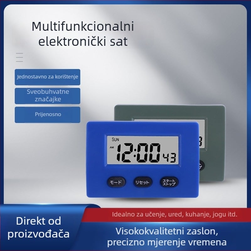 Elektronički timer s LCD zaslonom, baterijsko napajanje, plastično kućište, kronograf funkcija, pogodan za kuhinju i učenje