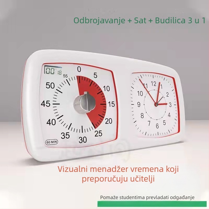 Studentski tiho-časovnik s alarmom, dvostruki Gear Clock, kvarcni pogon, LED prikaz s analognim i digitalnim prikazom, napajanje baterijom, pravokutni oblik, za učenje, ured i javne prostore