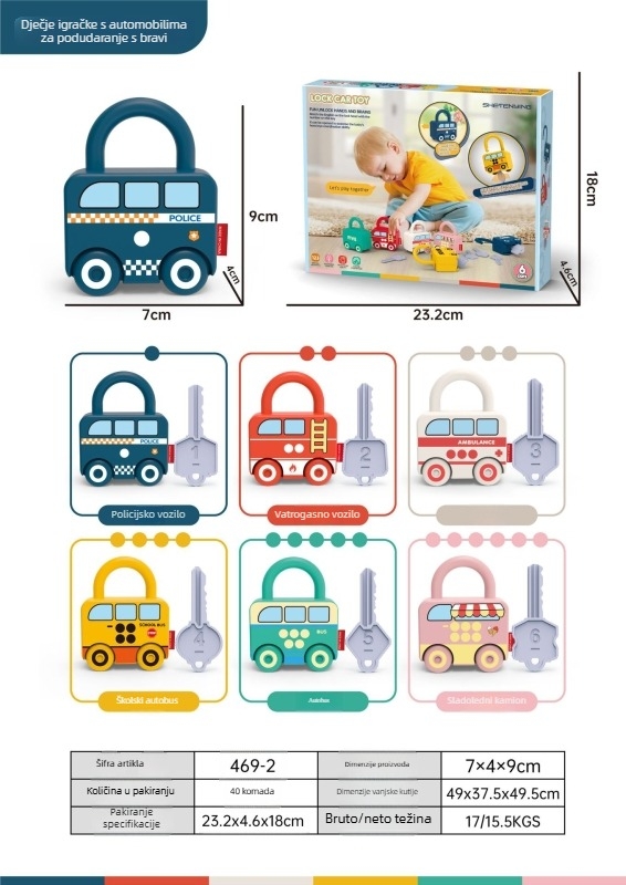 Edukativna slagalica-ključavnica igračka s ključi u obliku automobila za dojenčad 0–3 godine, plastika, mehanizam otključavanja, Kong Ming/Luban lock, DIY-prijateljska