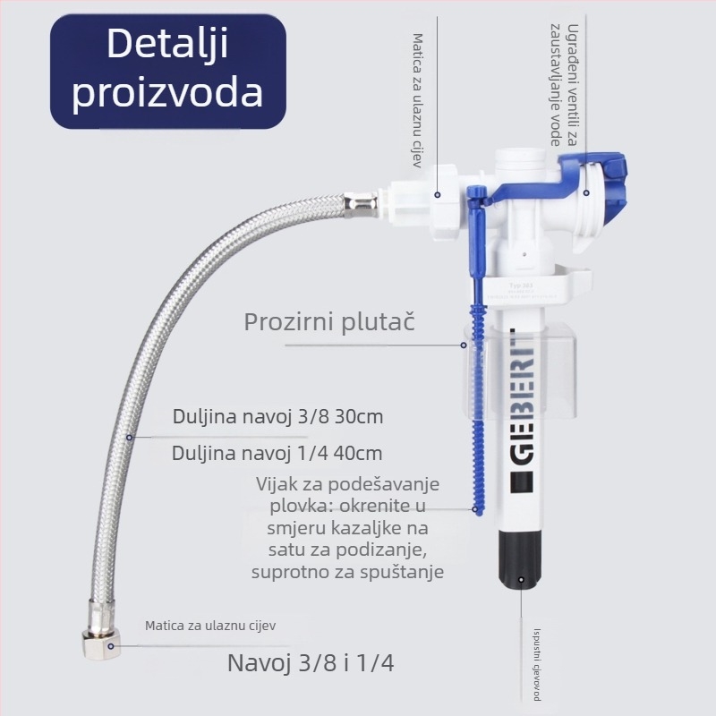 Ventil dovoda vode u spremnik toaleta, ABS, bočni dovod, funkcija ispiranja, izrađeno injekcijskim oblikovanjem
