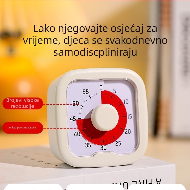 Tiho vizualni mjerač vremena za učenike – upravljanje vremenom za zadatke i samodisciplina, ABS kućište, kvarcni mehanizam, prikaz s pokazivačem i brojkama, napajanje baterijom, pravokutnog oblika