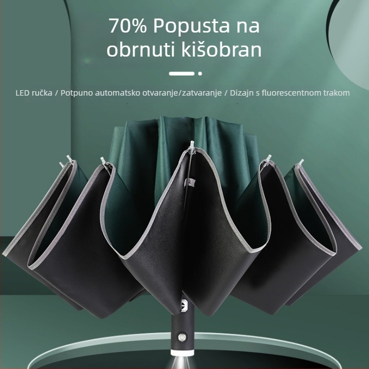 LED kišobran s LED svjetlom, automatsko otvaranje, 10 rebara, obrnuti kišobran za auto, otisak logotipa