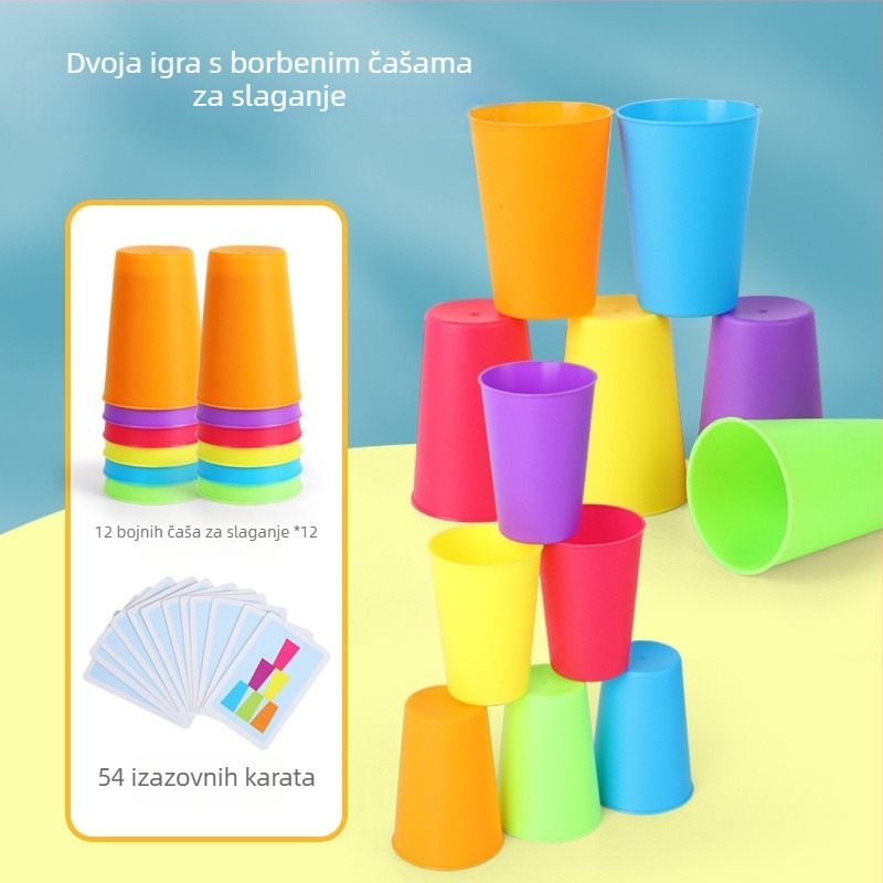 Stacking Cup igračke za djecu — dvostruka interaktivna igra za razvoj mišljenja i koordinacije ruka-oko; Materijal: plastika; Pogodno za unutarnju upotrebu; Dob: univerzalno; Pakiranje: torba i kutija