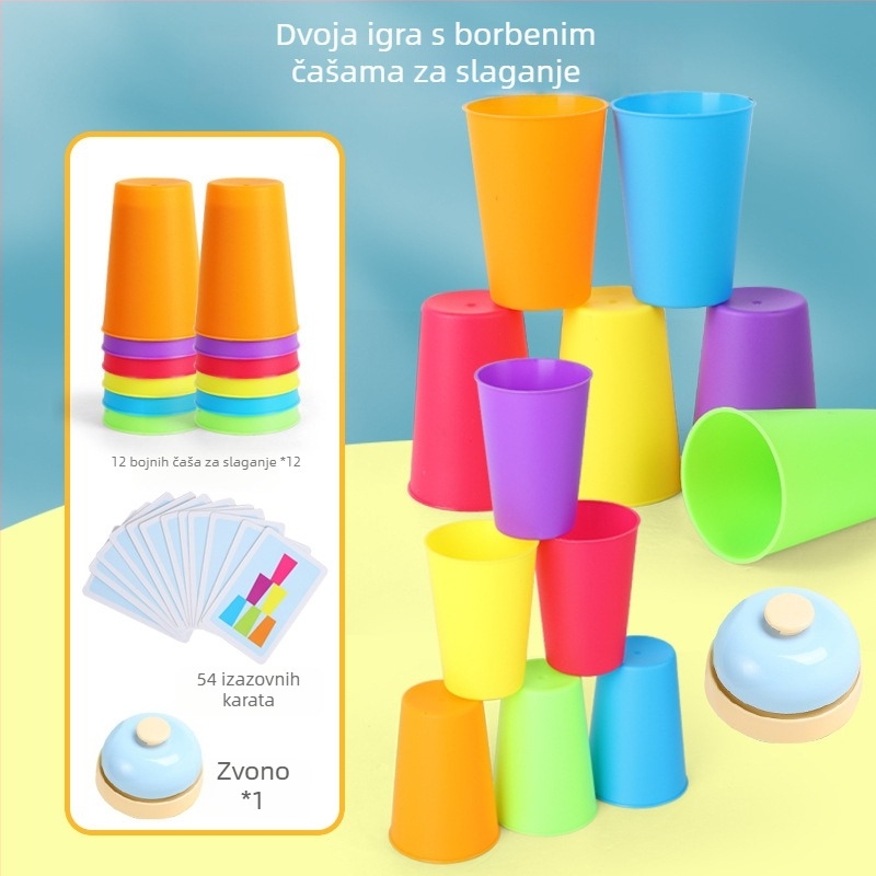Stacking Cup igračke za djecu — dvostruka interaktivna igra za razvoj mišljenja i koordinacije ruka-oko; Materijal: plastika; Pogodno za unutarnju upotrebu; Dob: univerzalno; Pakiranje: torba i kutija