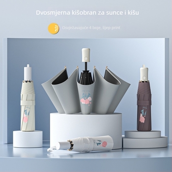 Sunčani kišobran s 8 metalnih rebara, trosegijski dizajn, poluautomatno otvaranje, UV zaštita UPF > 30, gumeni držač