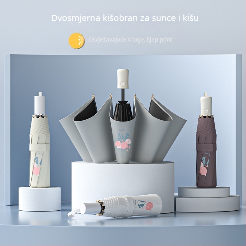 Sunčani kišobran s 8 metalnih rebara, trosegijski dizajn, poluautomatno otvaranje, UV zaštita UPF > 30, gumeni držač