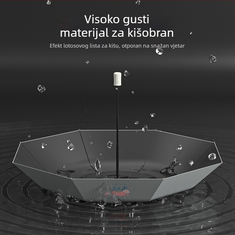Sunčani kišobran s 8 metalnih rebara, trosegijski dizajn, poluautomatno otvaranje, UV zaštita UPF > 30, gumeni držač