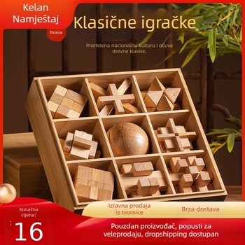 Drveni Kong Ming Lock / Lu Ban Lock set za djecu — slagalica s blokovima za otključavanje, Kelang Furniture, uzrast 4–6 godina