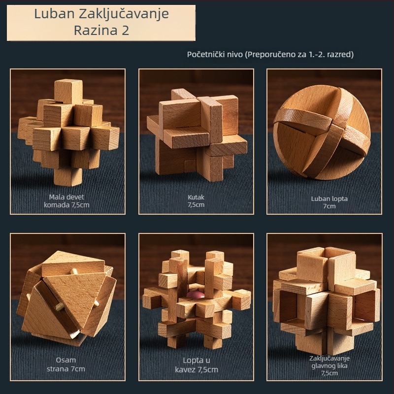 Drveni Kong Ming Lock / Lu Ban Lock set za djecu — slagalica s blokovima za otključavanje, Kelang Furniture, uzrast 4–6 godina