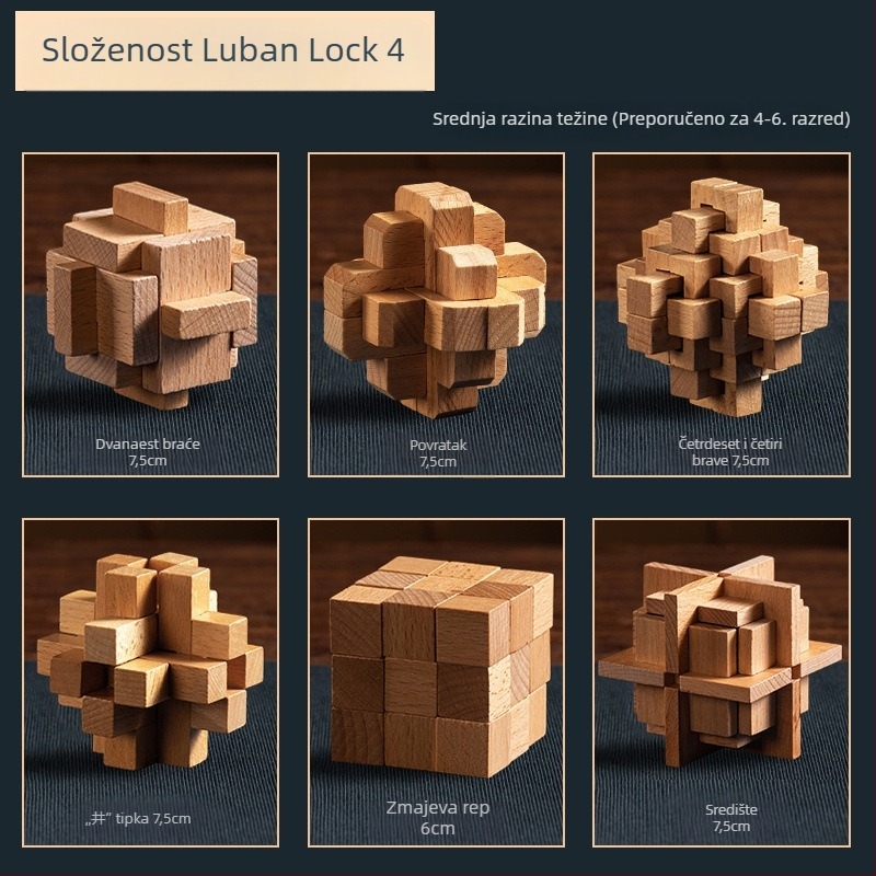 Drveni Kong Ming Lock / Lu Ban Lock set za djecu — slagalica s blokovima za otključavanje, Kelang Furniture, uzrast 4–6 godina