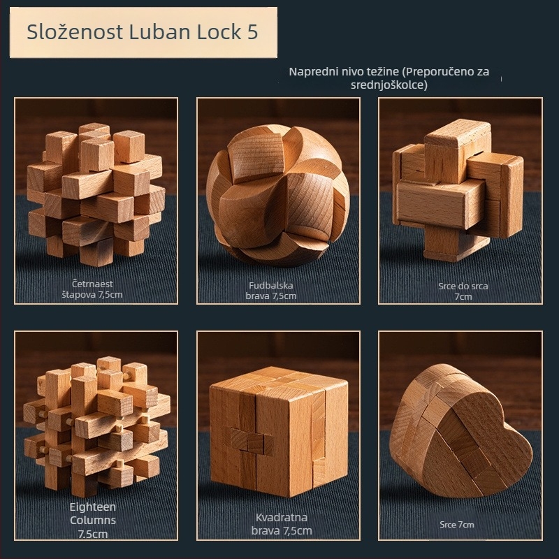Drveni Kong Ming Lock / Lu Ban Lock set za djecu — slagalica s blokovima za otključavanje, Kelang Furniture, uzrast 4–6 godina