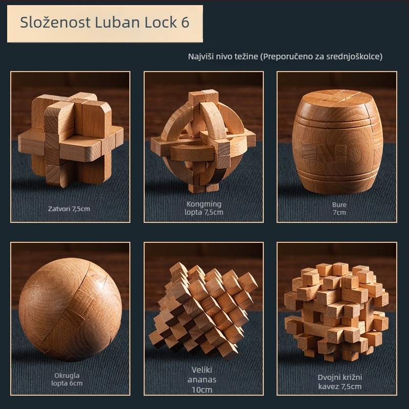 Drveni Kong Ming Lock / Lu Ban Lock set za djecu — slagalica s blokovima za otključavanje, Kelang Furniture, uzrast 4–6 godina