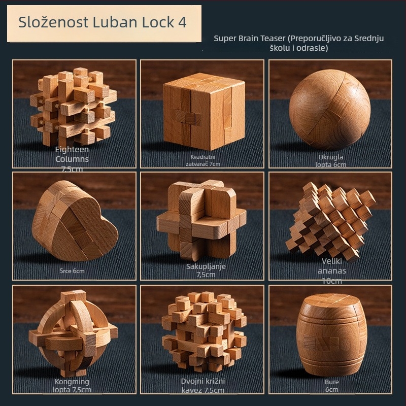 Drveni Kong Ming Lock / Lu Ban Lock set za djecu — slagalica s blokovima za otključavanje, Kelang Furniture, uzrast 4–6 godina