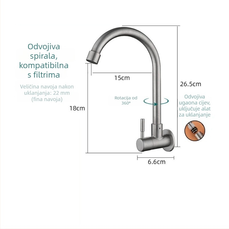 Kuhinjska slavina za zidnu ugradnju od nehrđajućeg čelika, keramički disk ventila, brušeni završetak, moderne minimalistički dizajn