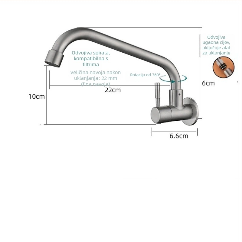 Kuhinjska slavina za zidnu ugradnju od nehrđajućeg čelika, keramički disk ventila, brušeni završetak, moderne minimalistički dizajn