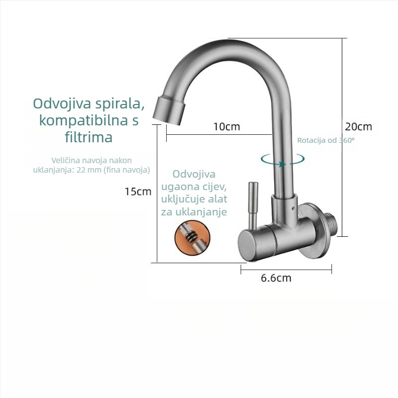 Kuhinjska slavina za zidnu ugradnju od nehrđajućeg čelika, keramički disk ventila, brušeni završetak, moderne minimalistički dizajn