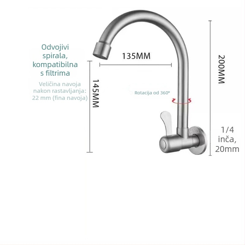 Kuhinjska slavina za zidnu ugradnju od nehrđajućeg čelika, keramički disk ventila, brušeni završetak, moderne minimalistički dizajn