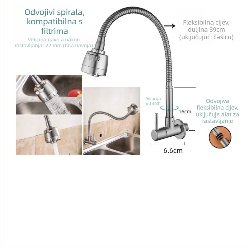 Kuhinjska slavina za zidnu ugradnju od nehrđajućeg čelika, keramički disk ventila, brušeni završetak, moderne minimalistički dizajn