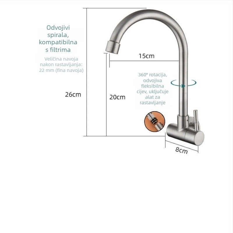 Kuhinjska slavina za zidnu ugradnju od nehrđajućeg čelika, keramički disk ventila, brušeni završetak, moderne minimalistički dizajn