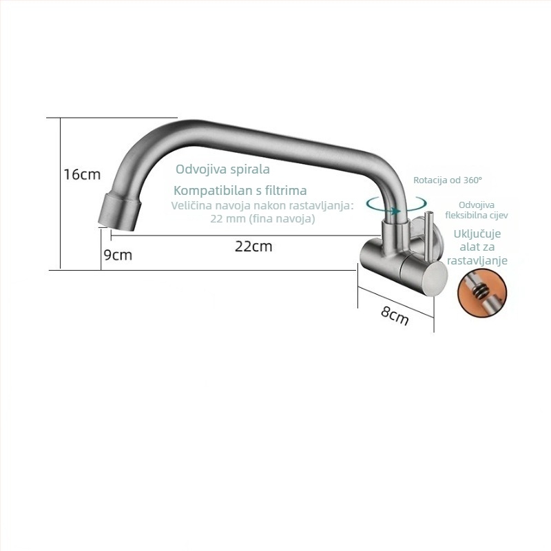 Kuhinjska slavina za zidnu ugradnju od nehrđajućeg čelika, keramički disk ventila, brušeni završetak, moderne minimalistički dizajn