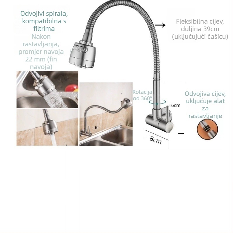 Kuhinjska slavina za zidnu ugradnju od nehrđajućeg čelika, keramički disk ventila, brušeni završetak, moderne minimalistički dizajn