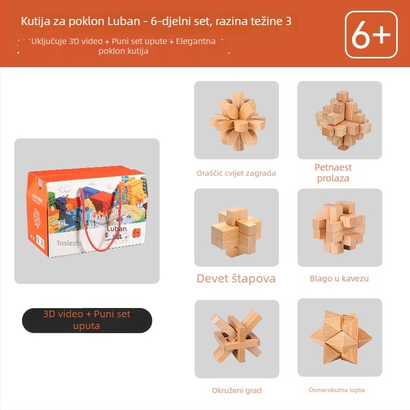 Drveni Kongming/Luban zagon sklopa dječji – puzzle set, 6 ili 9 dijelova, edukacijski građevni blokovi, uzrast 7–14 godina, DIY i OEM prilagođavanje logotipa dostupno