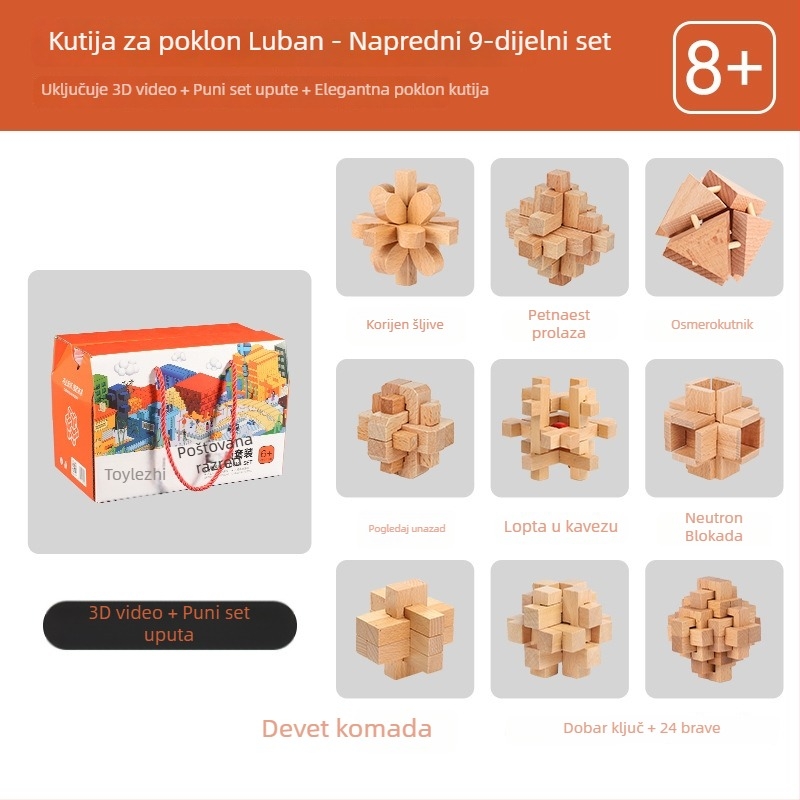 Drveni Kongming/Luban zagon sklopa dječji – puzzle set, 6 ili 9 dijelova, edukacijski građevni blokovi, uzrast 7–14 godina, DIY i OEM prilagođavanje logotipa dostupno