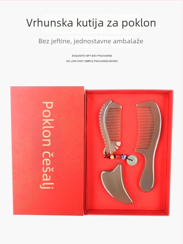 Mu Yi Ke češalj od bivoljeg roga za muškarce i žene - antistatički, masaža meridijana vlasišta, duljina 15–20 cm