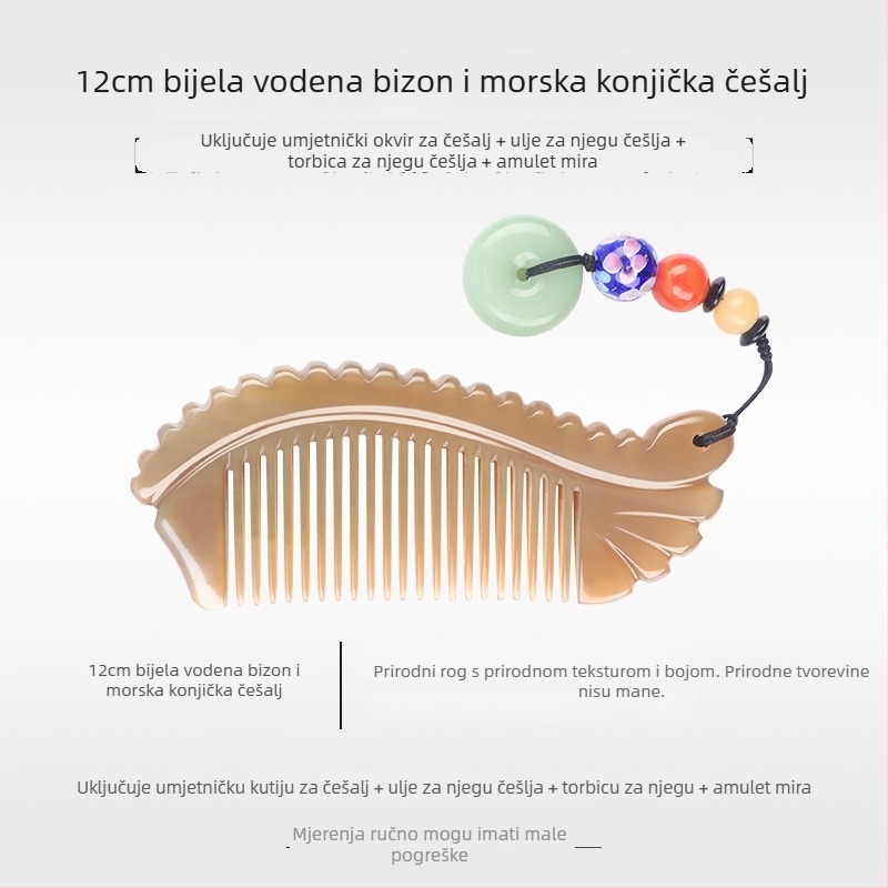 Mu Yi Ke češalj od bivoljeg roga za muškarce i žene - antistatički, masaža meridijana vlasišta, duljina 15–20 cm