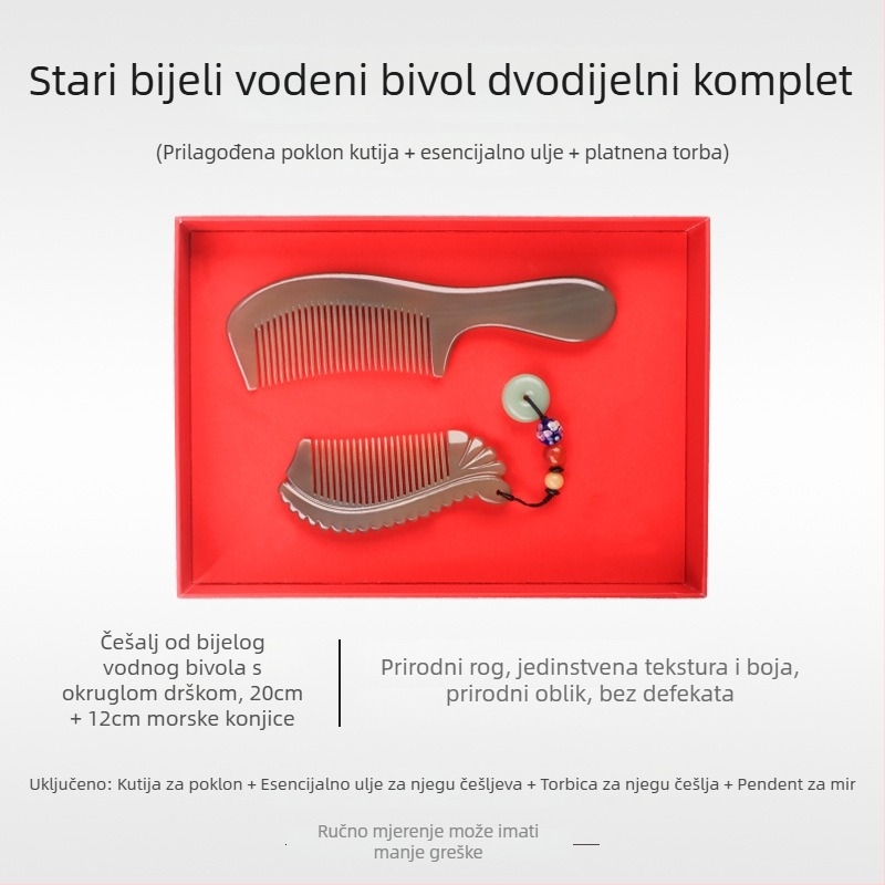 Mu Yi Ke češalj od bivoljeg roga za muškarce i žene - antistatički, masaža meridijana vlasišta, duljina 15–20 cm
