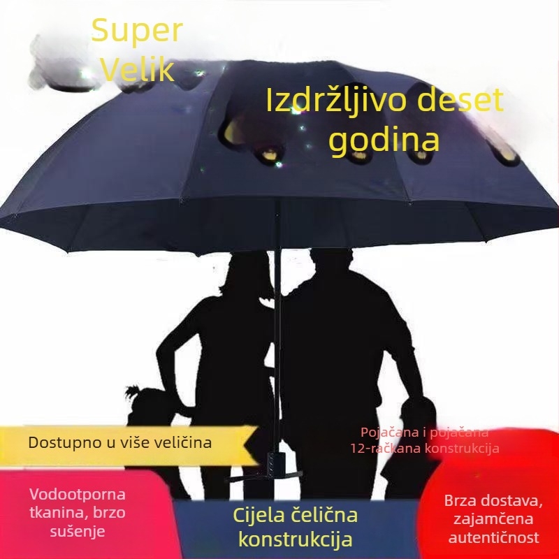 Kišobran s tri segmenta s 12 rebara, ručno otvaranje, UV zaštita UPF30+, okvir od legure, šipka od aluminijske legure, tkanina s premazom