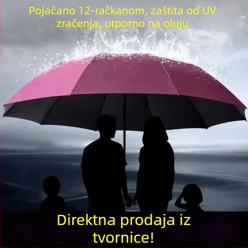 Kišobran s tri segmenta s 12 rebara, ručno otvaranje, UV zaštita UPF30+, okvir od legure, šipka od aluminijske legure, tkanina s premazom