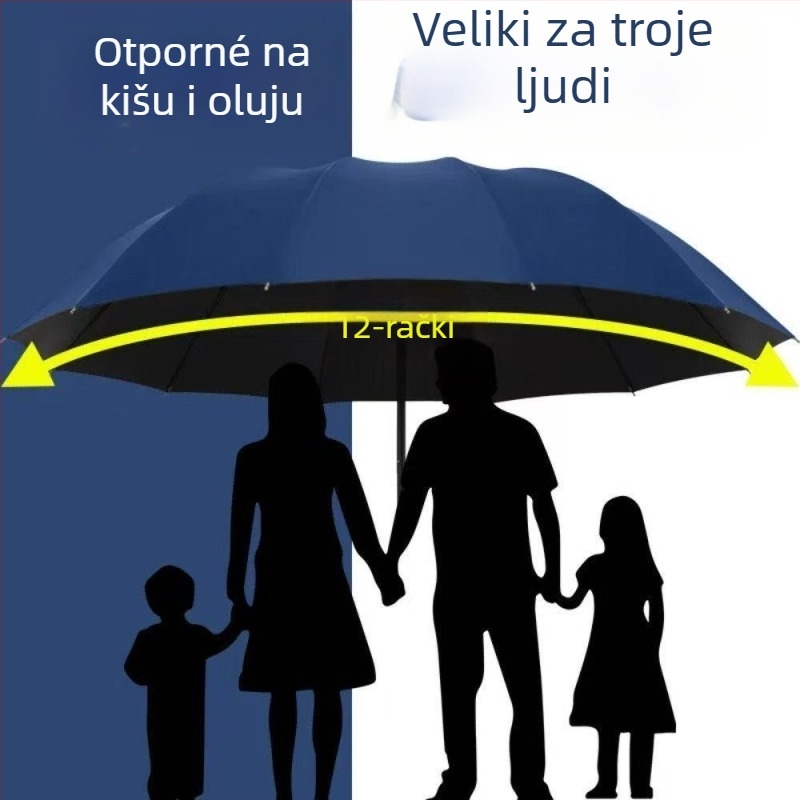 Kišobran s tri segmenta s 12 rebara, ručno otvaranje, UV zaštita UPF30+, okvir od legure, šipka od aluminijske legure, tkanina s premazom
