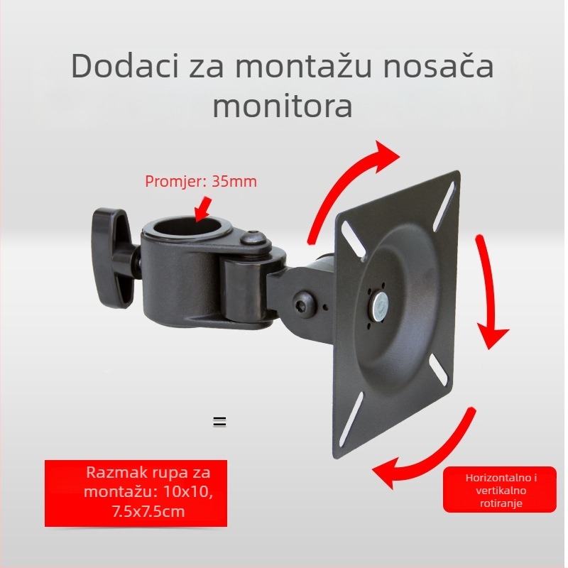 Monitor nosač s jednom glavom za zaslone 12–27 inča; konstrukcija od čelične ploče + aluminijske legure + plastika; uključene vijci